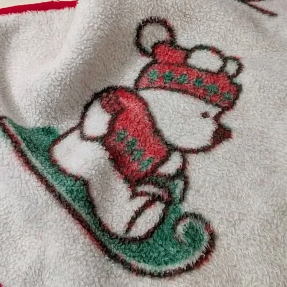 Vintage Biederlack Christmas Teddy Bear Blanket Skiing Sledding Reversible Throw